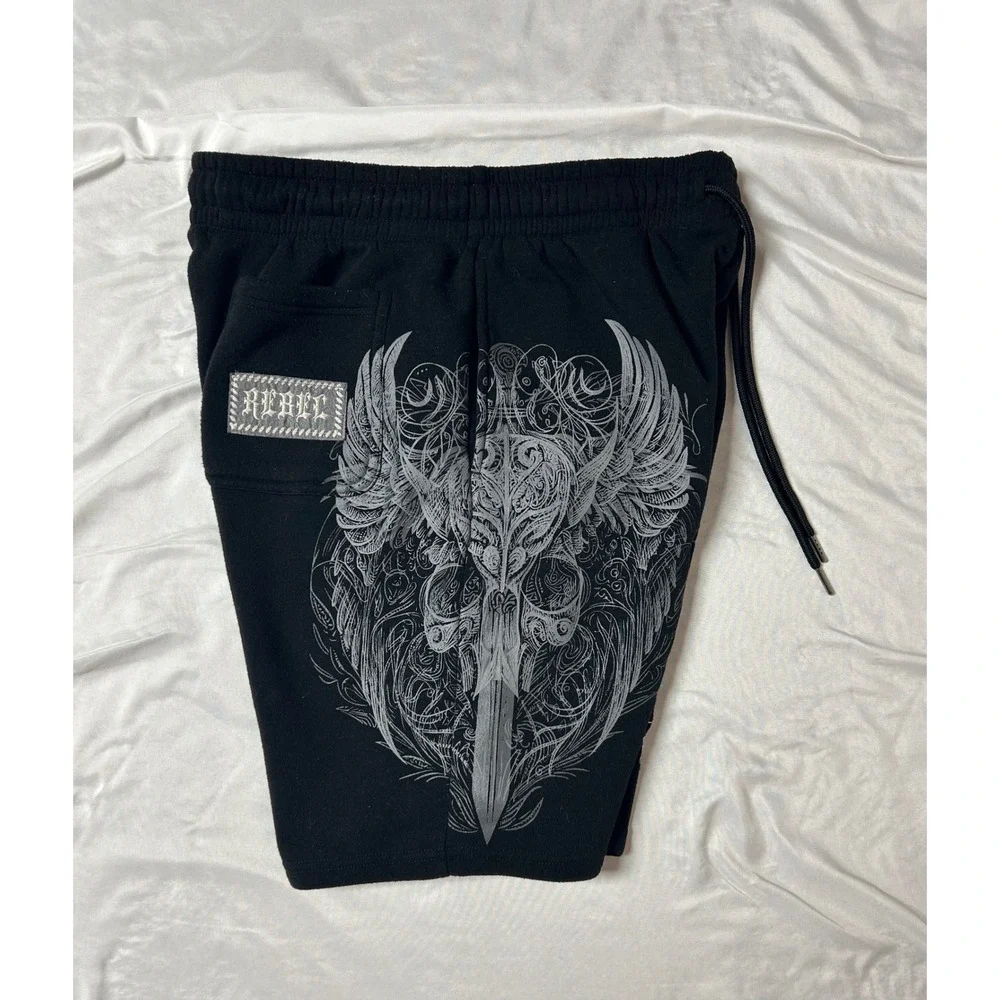Rebel Vengeance Mens XL Black Graphic Wing Sword Sweat Shorts Streetwear Gothic - Picture 6 of 14